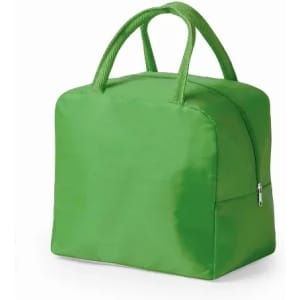 A green tote bag with two handles and a zippered opening. The bag has a smooth, shiny surface.