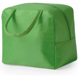 A green insulated bag with carry handles, featuring a smooth surface and a rectangular shape.