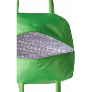 A green insulated bag with a zippered opening showcasing a shiny, reflective interior. It has a simple logo on it.