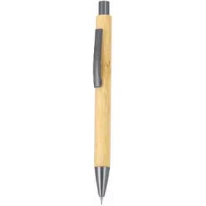 A bamboo pen with a sleek metal tip and grey clip, featuring a natural wooden finish.