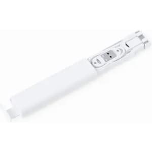 A white drink bottle with a compact design, featuring a hidden charging cable and a branding logo.