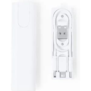 A white charging device with a compact design, featuring a USB connection and cable neatly stored.