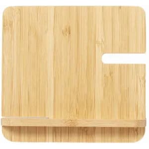 A bamboo cutting board with a section cut out and a small handle at the bottom. It features a natural wood finish.