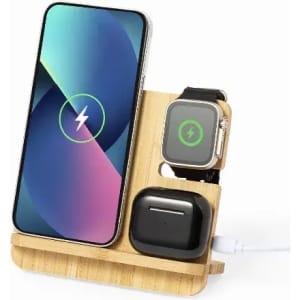 A wireless charging station made of bamboo, designed to hold a smartphone, smartwatch, and earbuds.