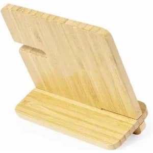 A bamboo phone stand featuring a sleek, minimalist design with a natural finish.