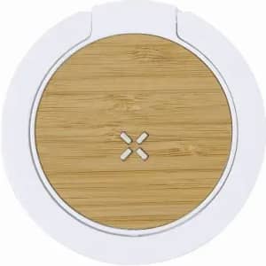 A round product with a bamboo top and a white base featuring a central design element.