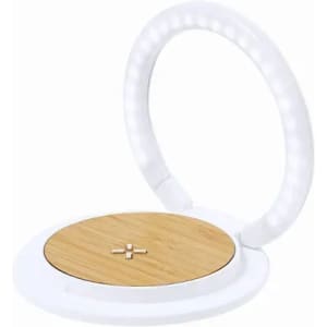 A circular light mirror with a white frame and a bamboo base, featuring an integrated light ring.