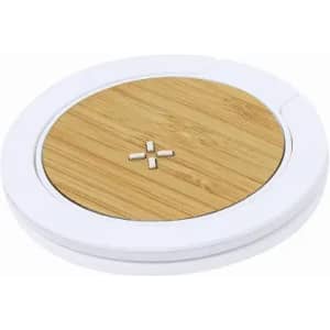 A wireless charger featuring a bamboo surface and a white base, with a logo on the front.