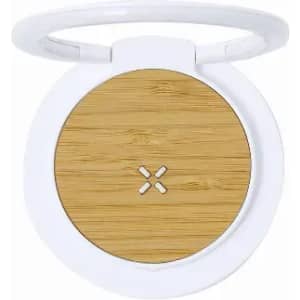 A circular product with a bamboo centre and a white outer casing. It features a logo on the surface.
