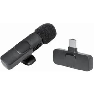 A clip-on microphone in black with a foam windscreen and a USB connector for easy attachment.