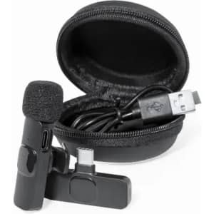 A microphone set with a black microphone and a charging cable, enclosed in a zippered black case.