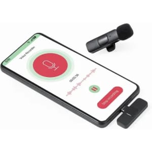A smartphone displaying a voice recording app alongside a small clip-on microphone. The phone is black and the mic is also black.