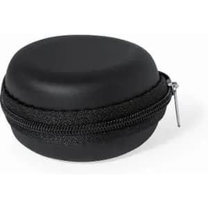 A black zippered case with a rounded shape, featuring a smooth exterior and a textured zipper.