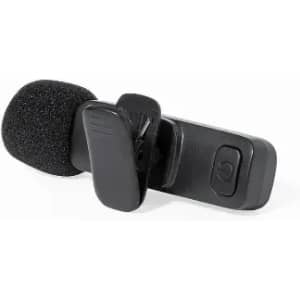 A microphone with a clip, featuring a foam windscreen and a black design. It has one button on the side.