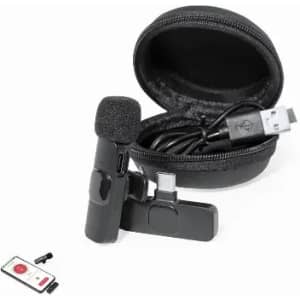 A microphone kit in a black carry case, featuring a microphone, USB cable, and remote control.