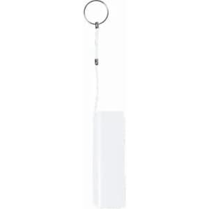 A drink bottle with a white body and a looped keyring attachment on top.