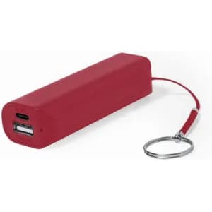 A portable power bank in red with a keyring attachment and USB ports for charging devices.