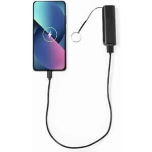 A portable charger with a black design connected to a smartphone via a charging cable.