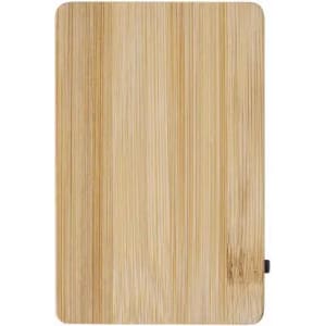 A bamboo cutting board with a smooth natural finish and a small black handle on one side.