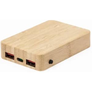 A bamboo power bank featuring two USB ports and one USB-C port, showcasing a natural wood finish.