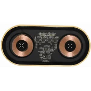 A wireless charger featuring two charging pads with a black and gold design. It has a logo on the surface.