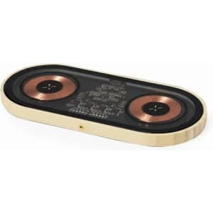 A wireless charging pad with a wooden base and two copper charging coils prominently featured.