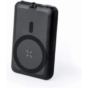 A black portable charger with a circular design and a small button, featuring a logo on the front.