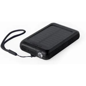 A solar power bank in black, featuring a textured surface and a built-in flashlight with a lanyard.