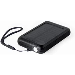 A solar power bank in black, featuring a textured surface and a detachable strap for easy carrying.