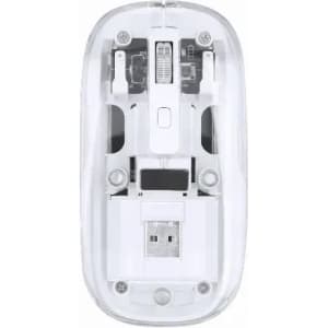 A computer mouse with a transparent casing, featuring visible internal components and a USB connector.