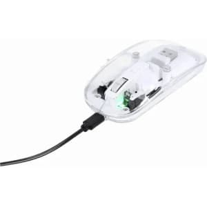 A transparent computer mouse with a black cable, featuring white internal components and a green light.