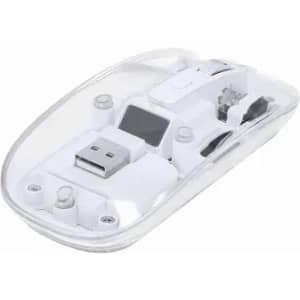 A mouse in a transparent case with white details, featuring a USB connector and buttons.