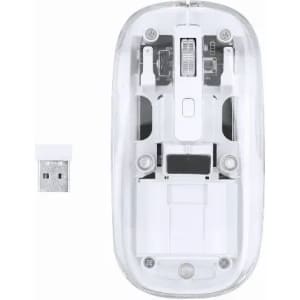 A transparent computer mouse with a USB receiver beside it, showcasing internal components.