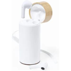 A drink bottle in white with a wooden lid, accompanied by white earphones and a charging cable.