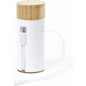 A drink bottle with a white cylindrical body and a bamboo lid, featuring a hidden charging cable.