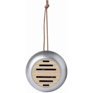 A hanging speaker with a round silver body and bamboo accents, featuring grill openings for sound. Includes a hanging strap.