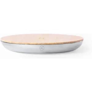 A stylish serving platter featuring a wooden top and a stainless steel base, showcasing a modern design.