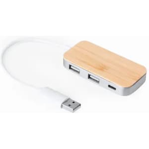 A device hub with a bamboo top and silver base, featuring multiple USB ports and a connected USB cable.