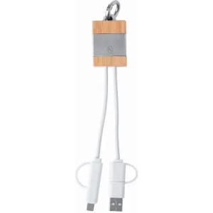 A charging cable with a wooden panel and two white connectors, featuring a keyring attachment.