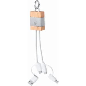 A multi-connector charging cable with a wooden and metal design, featuring USB, Lightning, and USB-C connectors.