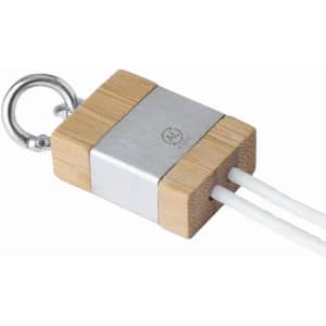 A bamboo and metal gadget featuring a keyring attachment and two connected wires.
