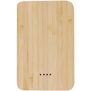 A wooden phone charger with a smooth bamboo finish, featuring four small LED indicator lights.
