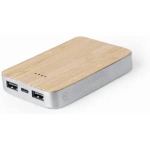 A portable power bank with a bamboo top and silver sides, featuring multiple USB ports.