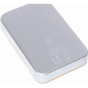 A rectangular silver metal case with a smooth finish, featuring a logo on the surface.