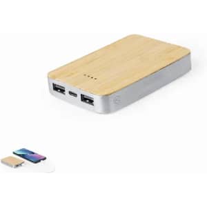 A power bank with a bamboo top and silver sides, featuring two USB ports and a USB-C port.