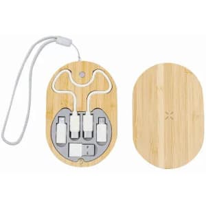 A charging kit featuring a bamboo casing with multiple cables and a carrying strap.
