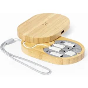 A bamboo charging case containing multiple charging cables, with a grey interior and a side lanyard for easy carrying.
