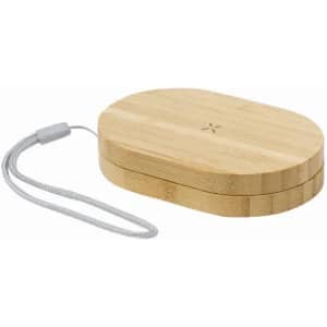 A bamboo drink bottle with a rounded design and a grey strap for easy carrying.