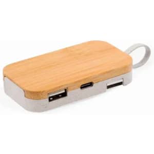 A portable charger with a bamboo top and a grey metal base, featuring USB and USB-C ports.