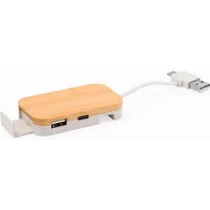 A tech accessory featuring a wooden top with USB and USB-C ports, connected by a cable.